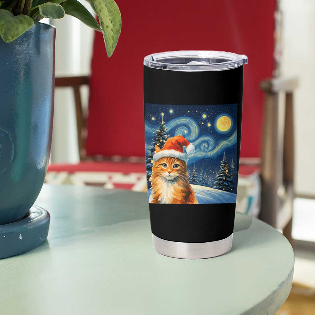 Christmas Van Gogh Cat Tumbler Cup In Santa Hat Starry Night