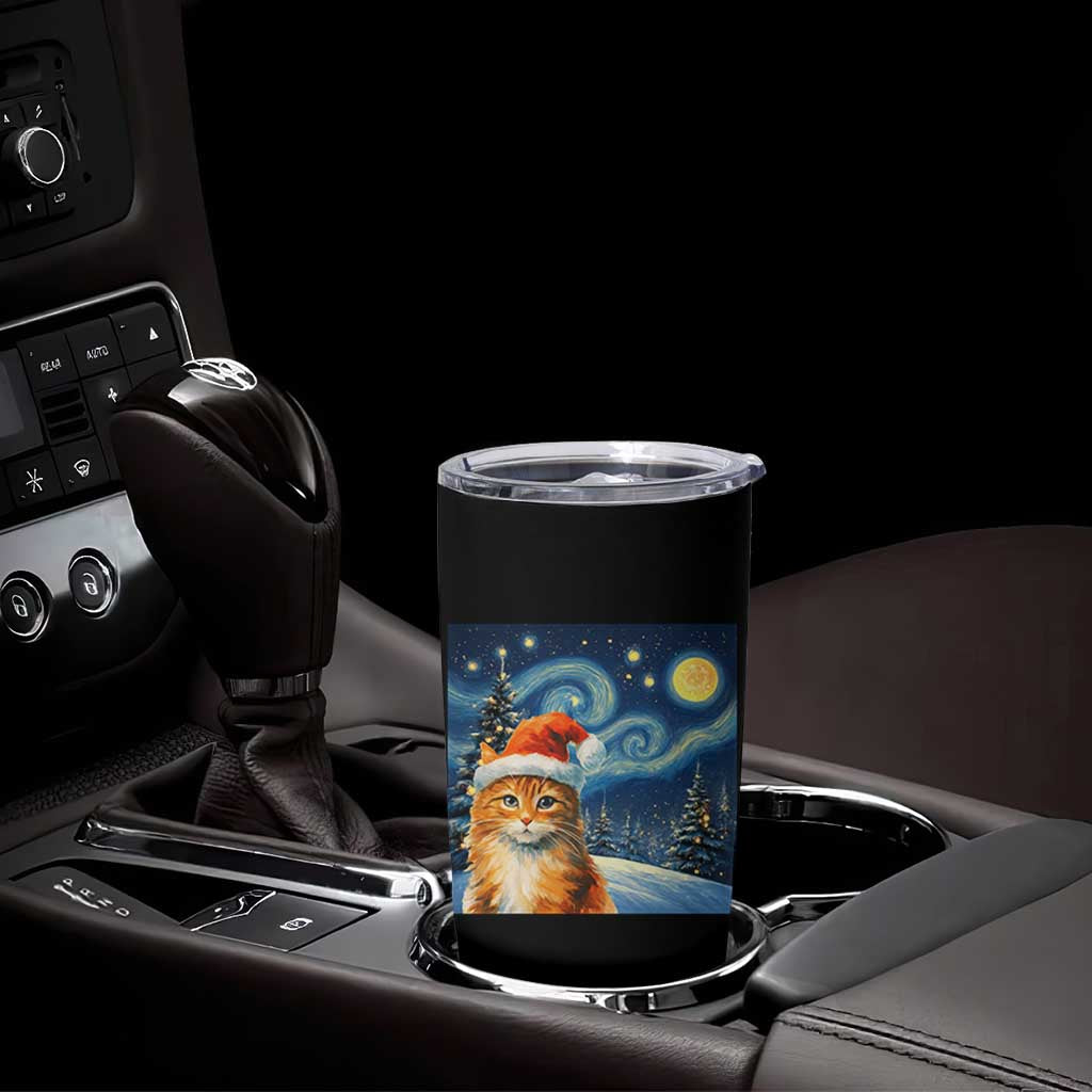 Christmas Van Gogh Cat Tumbler Cup In Santa Hat Starry Night