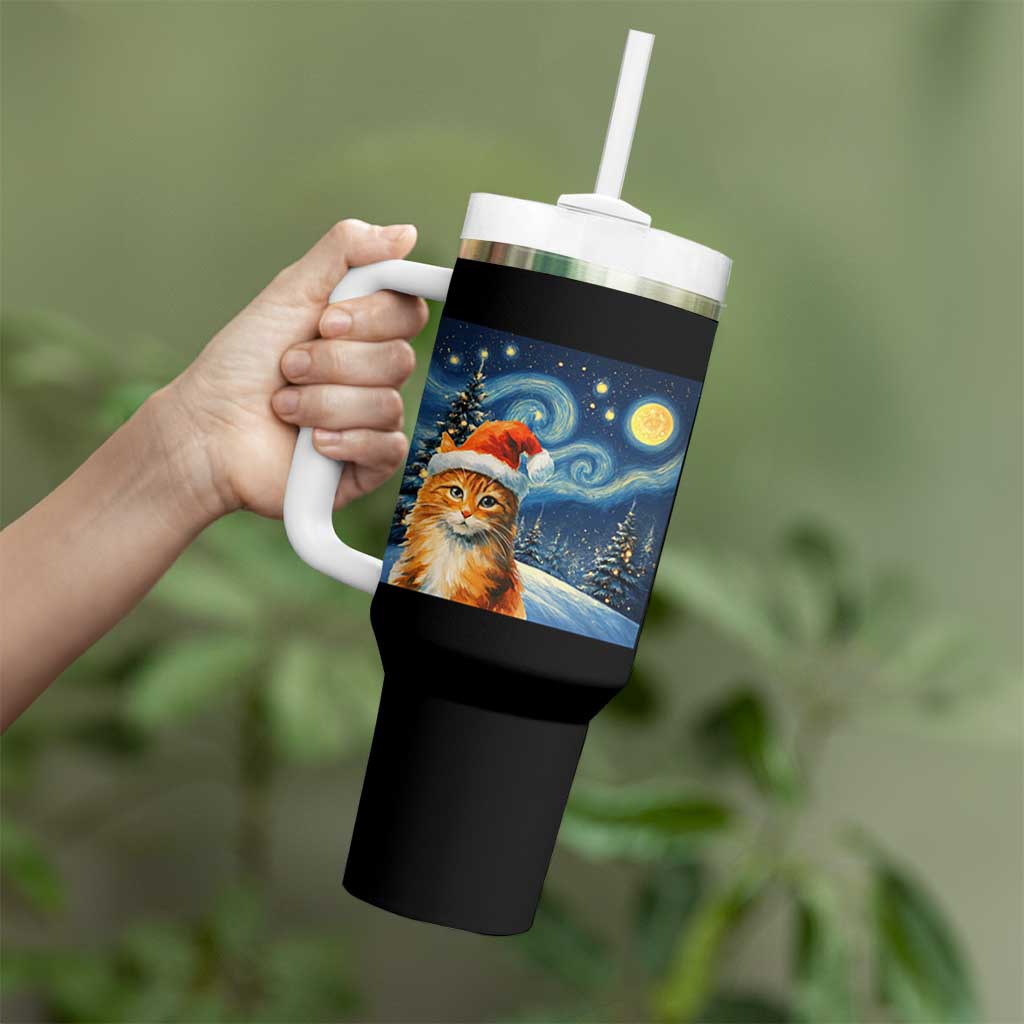 Christmas Van Gogh Cat Tumbler With Handle In Santa Hat Starry Night