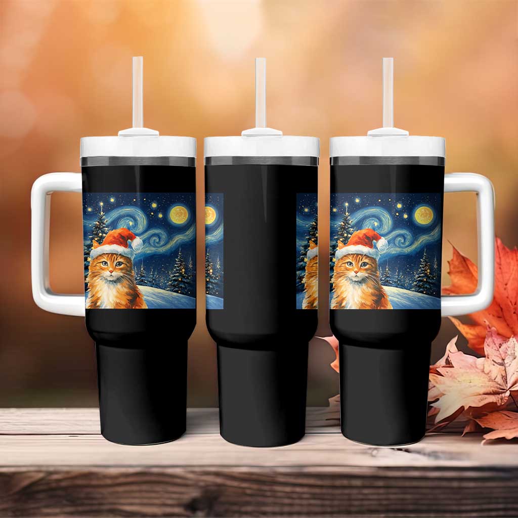 Christmas Van Gogh Cat Tumbler With Handle In Santa Hat Starry Night