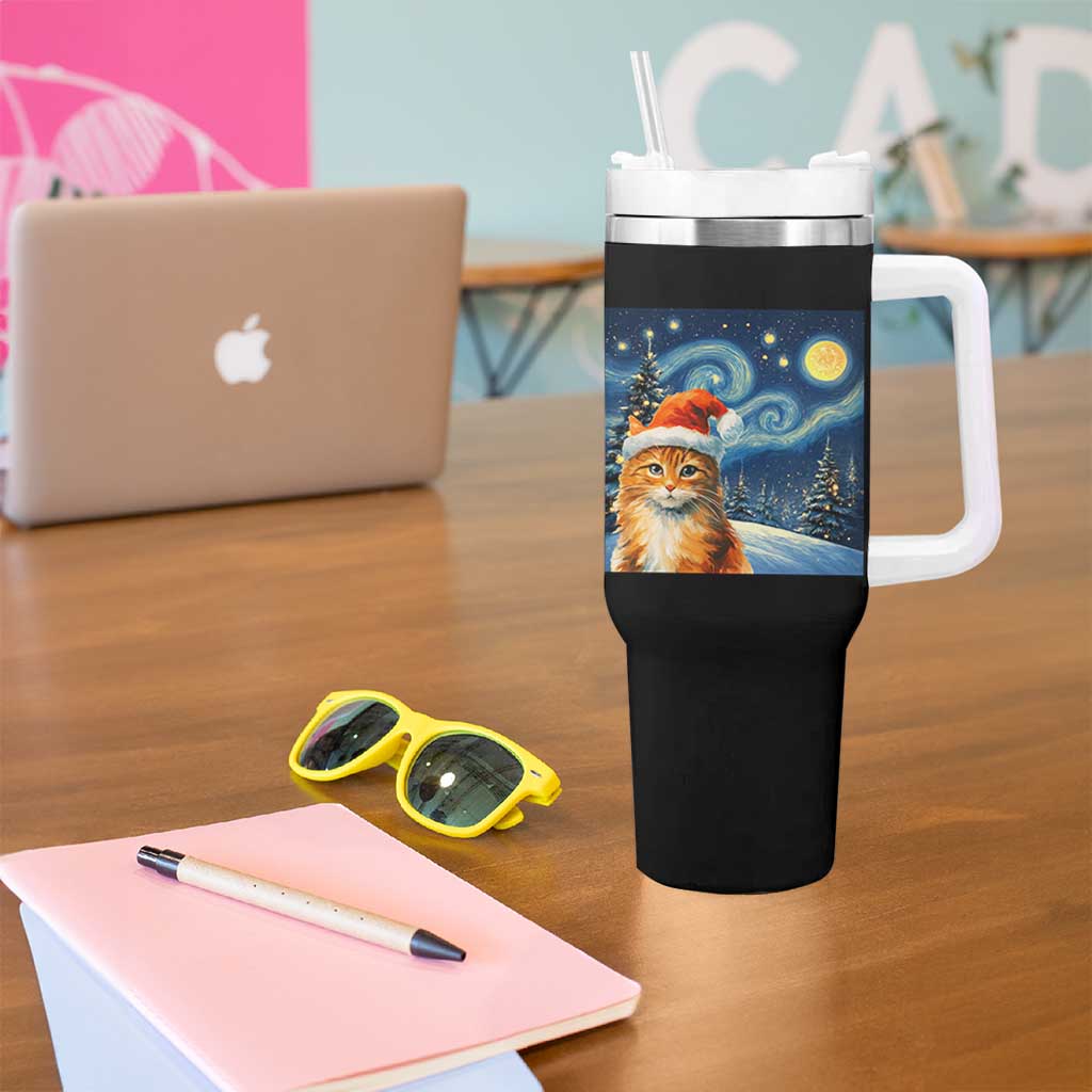 Christmas Van Gogh Cat Tumbler With Handle In Santa Hat Starry Night