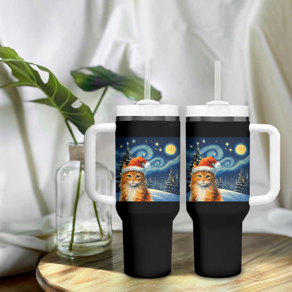 Christmas Van Gogh Cat Tumbler With Handle In Santa Hat Starry Night