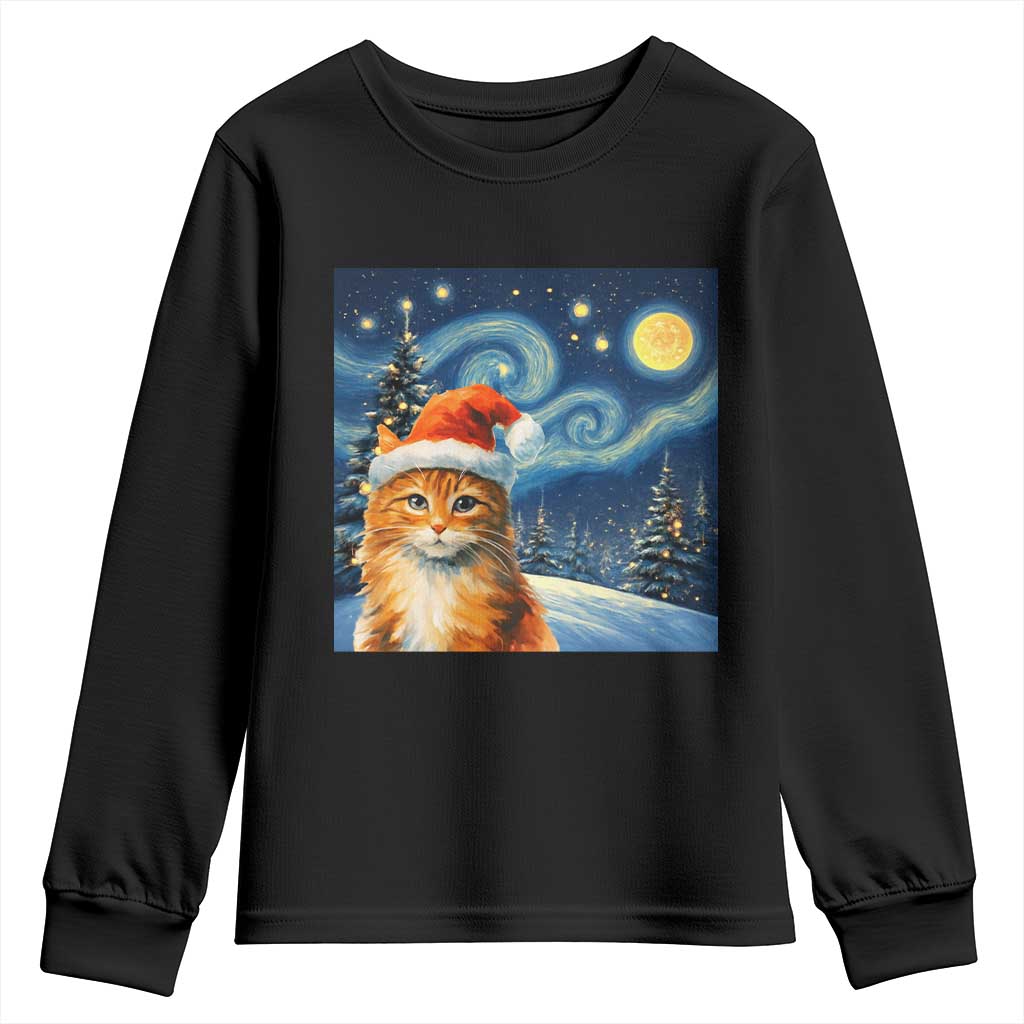 Christmas Van Gogh Cat Youth Sweatshirt In Santa Hat Starry Night - Wonder Print Shop
