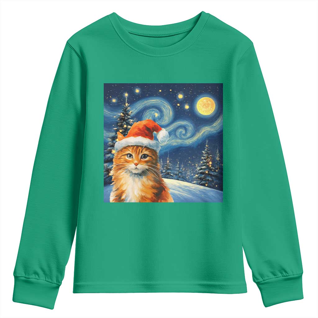 Christmas Van Gogh Cat Youth Sweatshirt In Santa Hat Starry Night - Wonder Print Shop