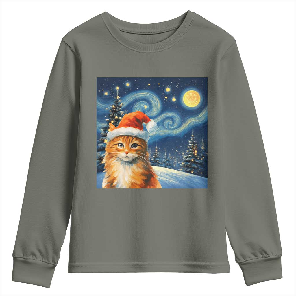 Christmas Van Gogh Cat Youth Sweatshirt In Santa Hat Starry Night - Wonder Print Shop