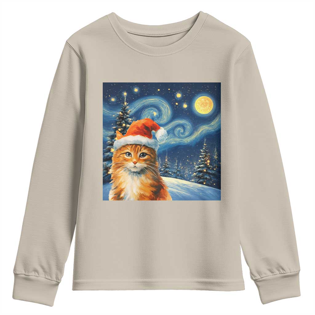 Christmas Van Gogh Cat Youth Sweatshirt In Santa Hat Starry Night - Wonder Print Shop