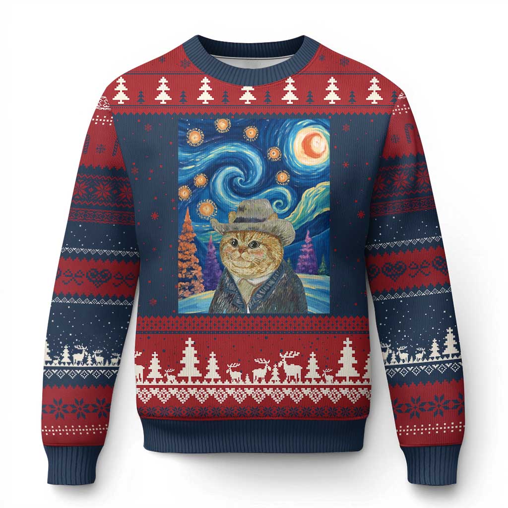 Funny Van Gogh Cat in Starry Night Ugly Christmas Sweater - Wonder Print Shop