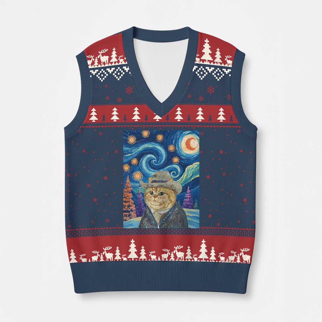 Funny Van Gogh Cat in Starry Night V-Neck Knit Sweater Vest - Wonder Print Shop