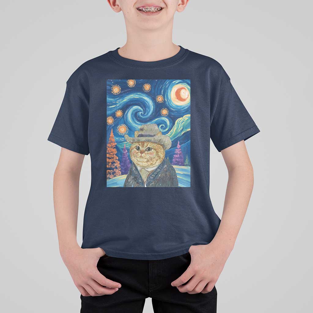 Funny Van Gogh Cat in Starry Night T Shirt For Kid - Wonder Print Shop