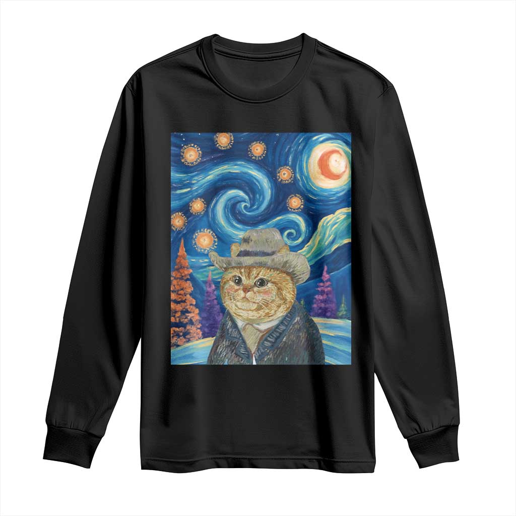 Funny Van Gogh Cat in Starry Night Long Sleeve Shirt - Wonder Print Shop