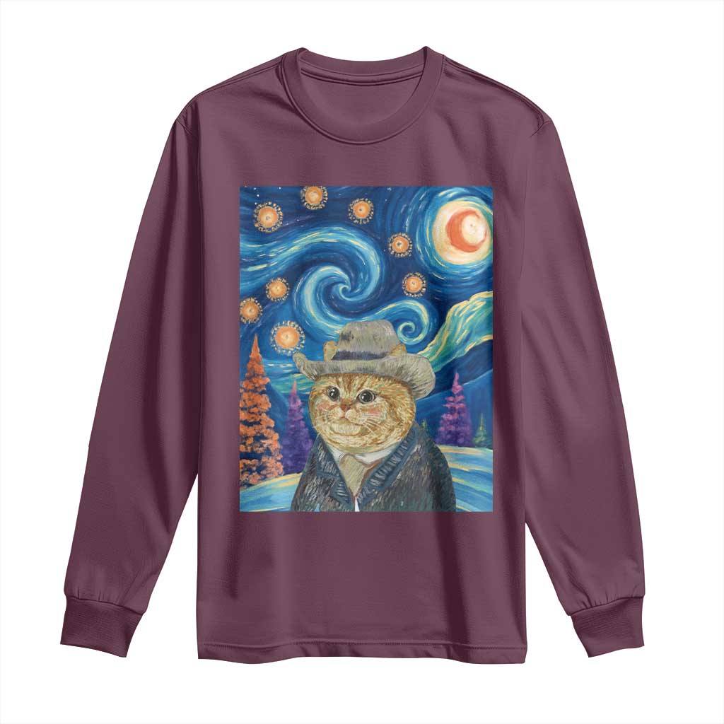 Funny Van Gogh Cat in Starry Night Long Sleeve Shirt - Wonder Print Shop