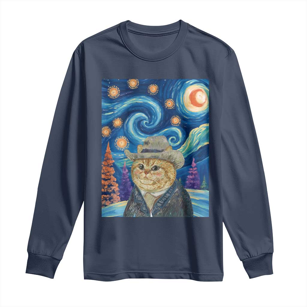 Funny Van Gogh Cat in Starry Night Long Sleeve Shirt - Wonder Print Shop