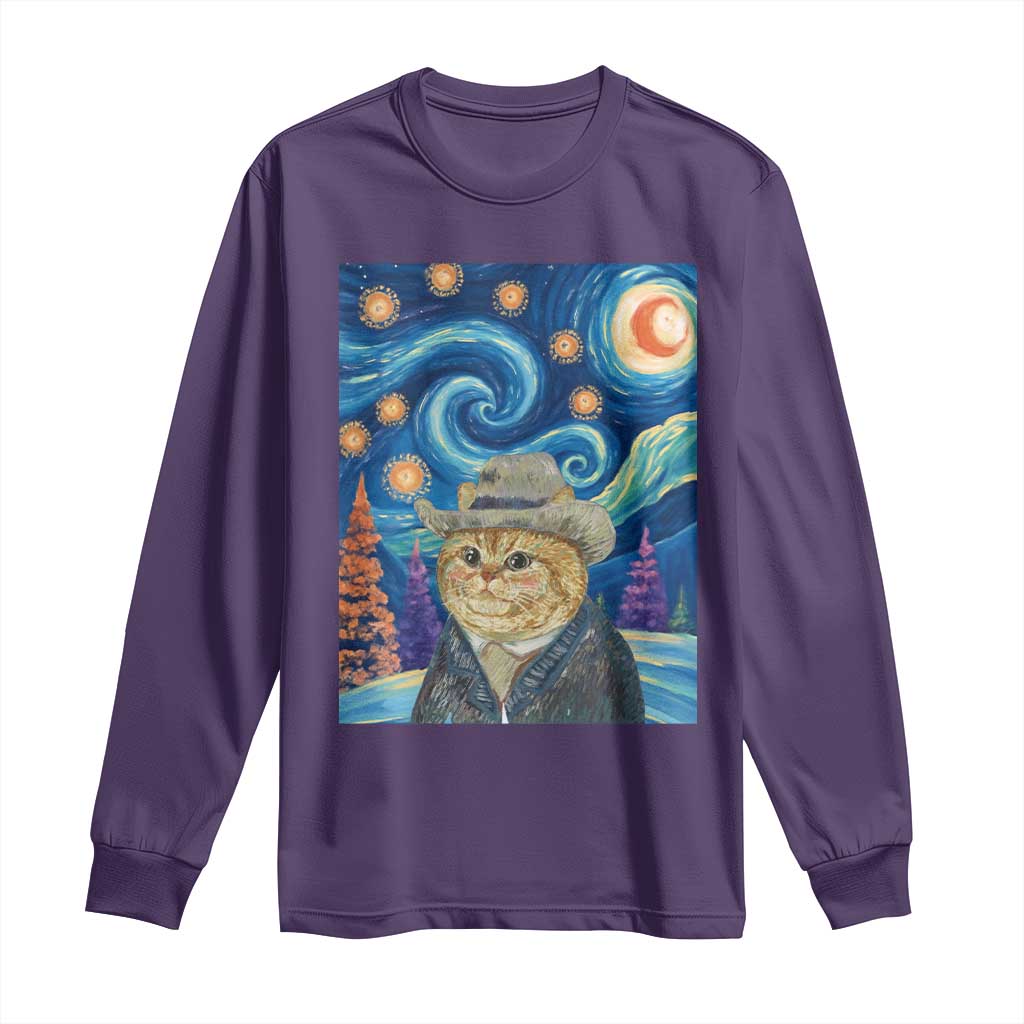 Funny Van Gogh Cat in Starry Night Long Sleeve Shirt - Wonder Print Shop