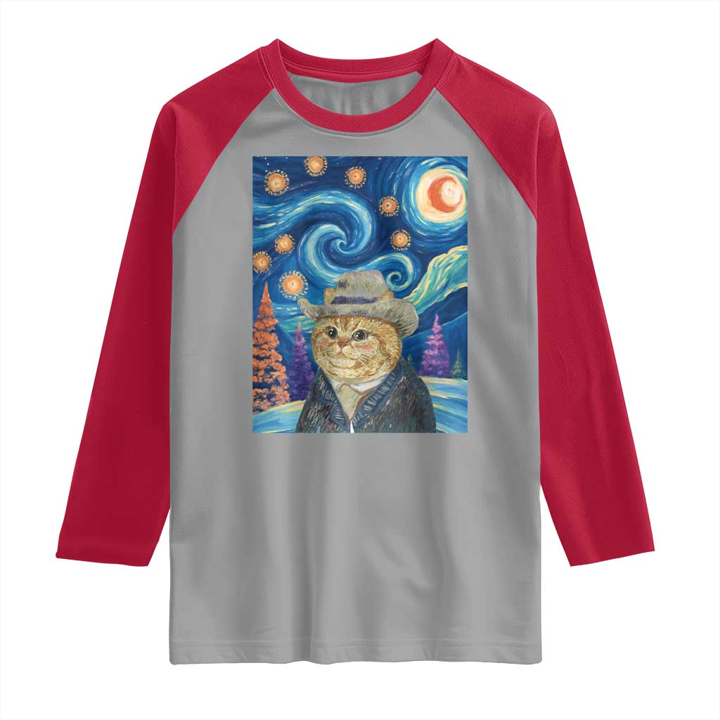 Funny Van Gogh Cat in Starry Night Raglan Shirt - Wonder Print Shop