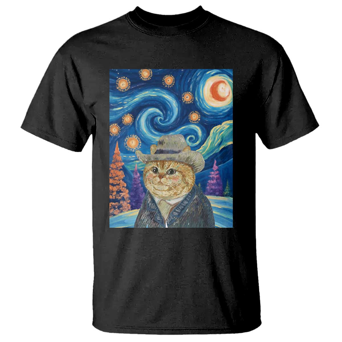Funny Van Gogh Cat in Starry Night T Shirt - Wonder Print Shop