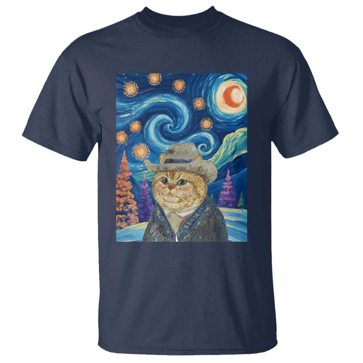 Funny Van Gogh Cat in Starry Night T Shirt - Wonder Print Shop