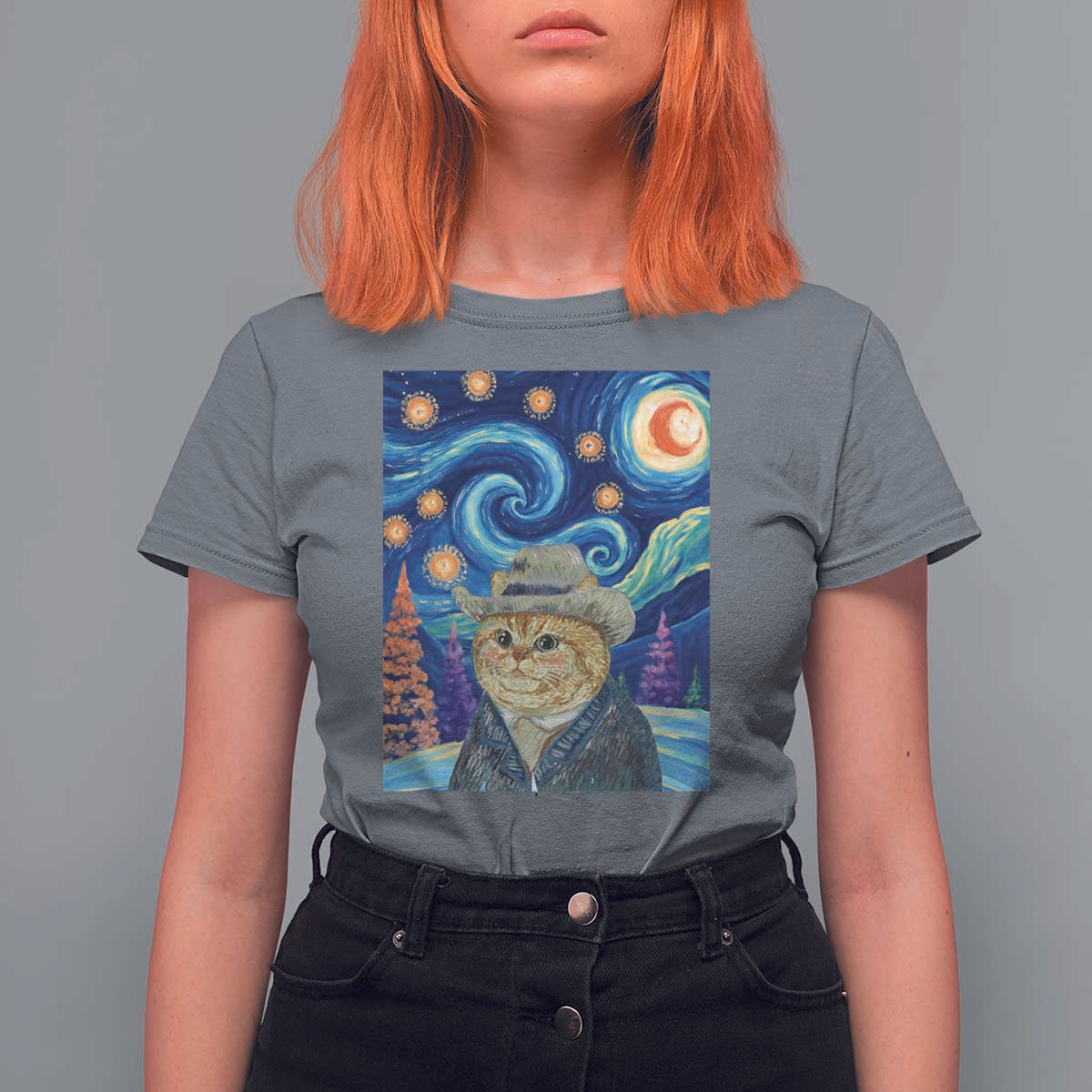 Funny Van Gogh Cat in Starry Night T Shirt For Women - Wonder Print Shop