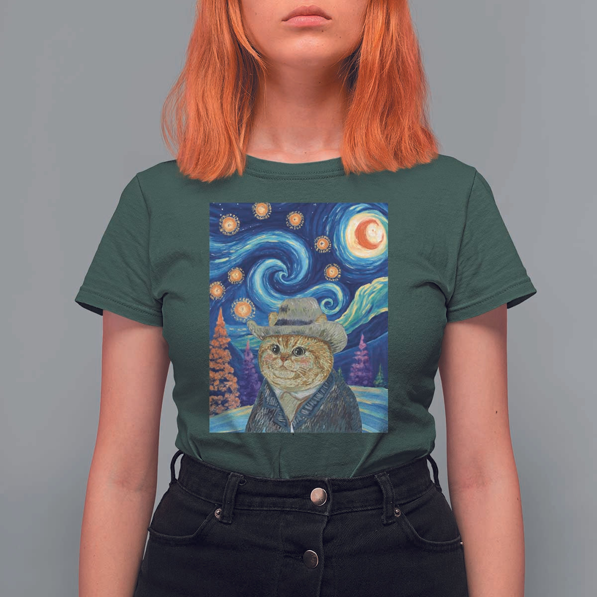 Funny Van Gogh Cat in Starry Night T Shirt For Women - Wonder Print Shop