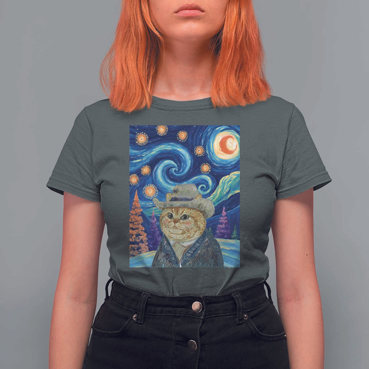 Funny Van Gogh Cat in Starry Night T Shirt For Women - Wonder Print Shop