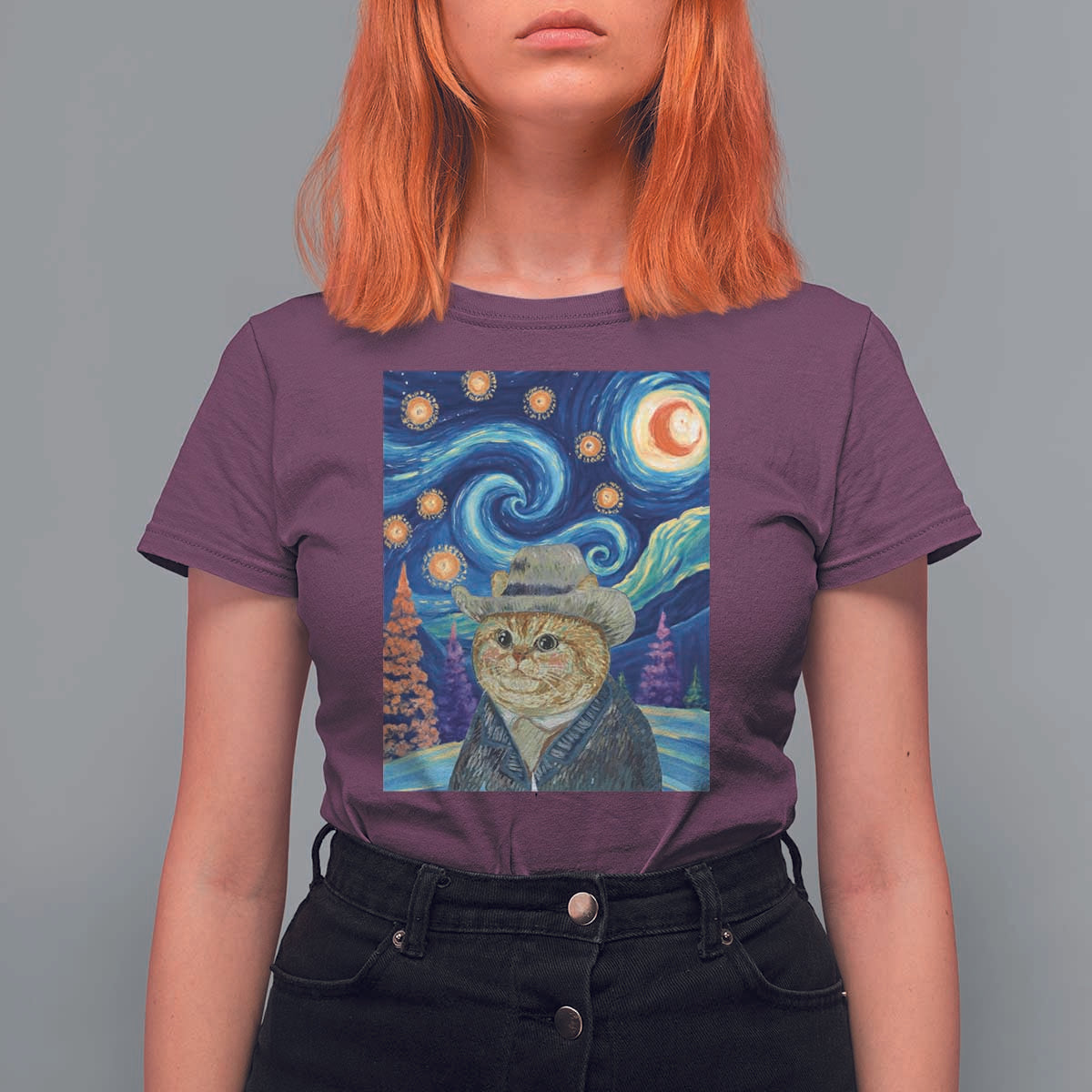 Funny Van Gogh Cat in Starry Night T Shirt For Women - Wonder Print Shop