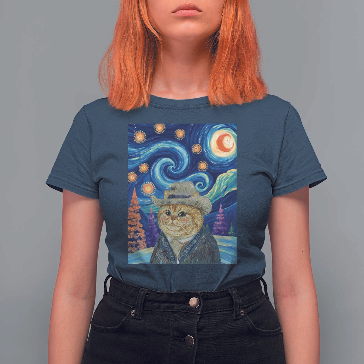 Funny Van Gogh Cat in Starry Night T Shirt For Women - Wonder Print Shop