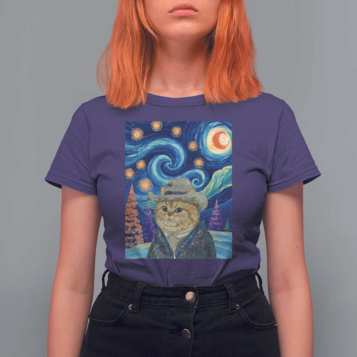 Funny Van Gogh Cat in Starry Night T Shirt For Women - Wonder Print Shop