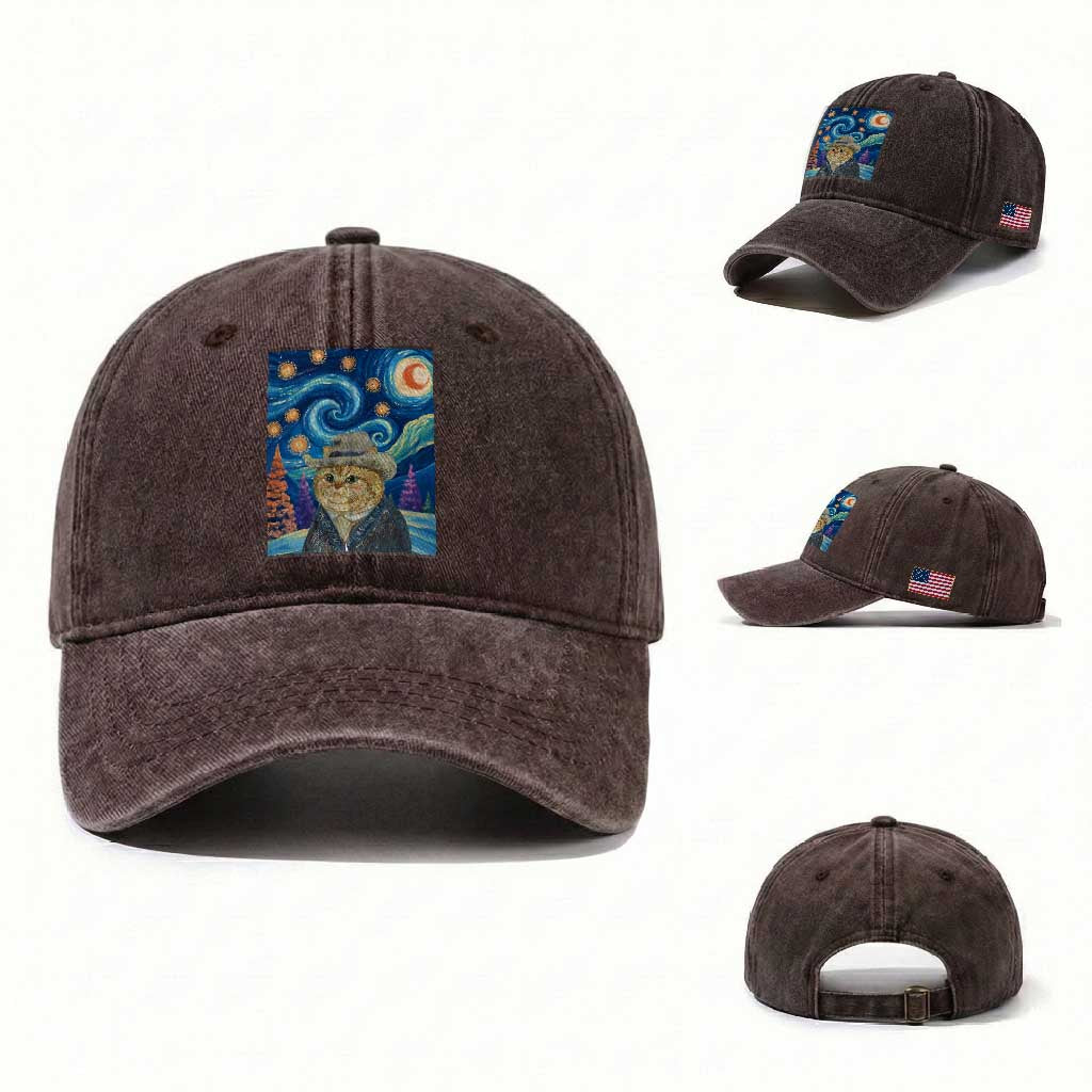 Funny Van Gogh Cat in Starry Night Washed Cotton Baseball Cap