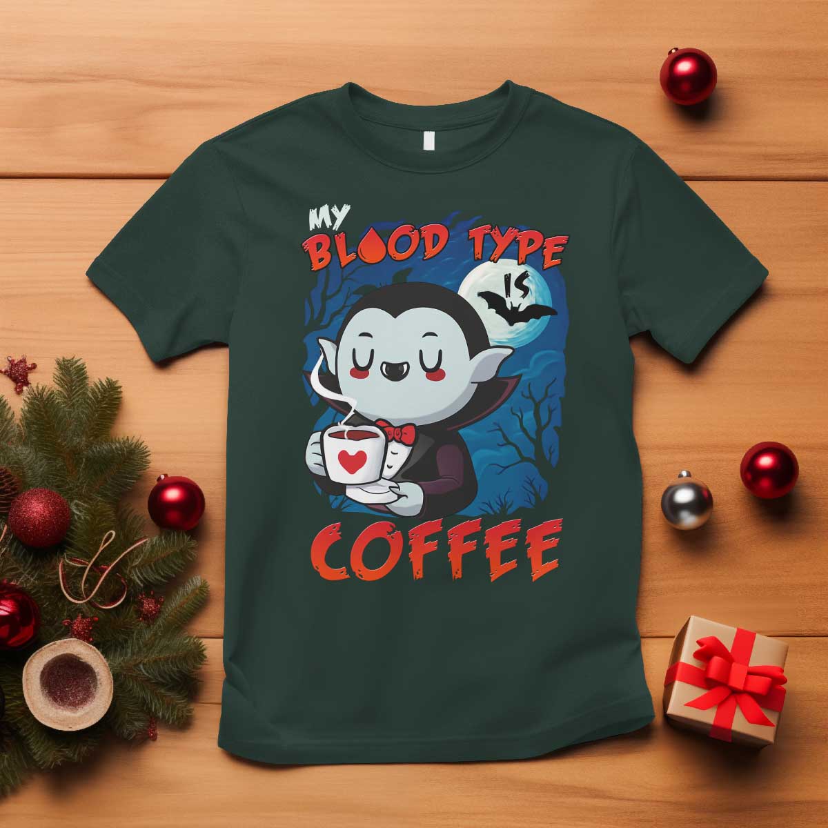 My Blood Type Is Coffee T Shirt Funny Vampire Halloween - Wonder Print Shop