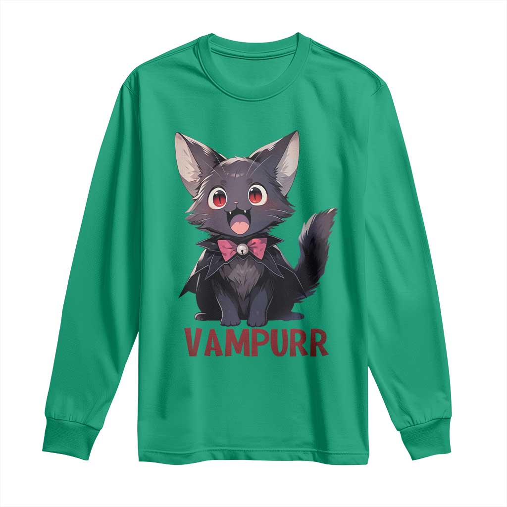 Halloween Black Vampire Cat Long Sleeve Shirt Vampurr Cute Kitty Lover - Wonder Print Shop