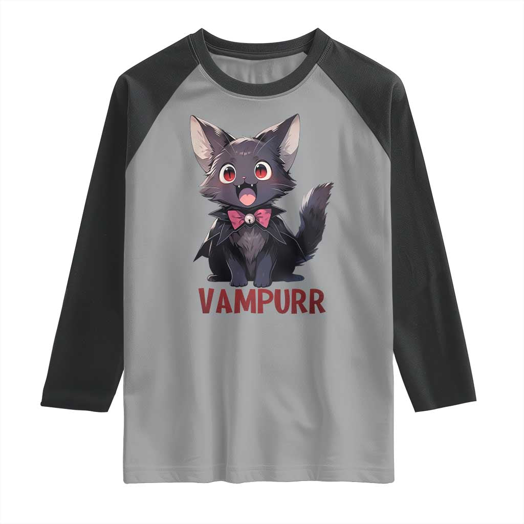 Halloween Black Vampire Cat Raglan Shirt Vampurr Cute Kitty Lover - Wonder Print Shop