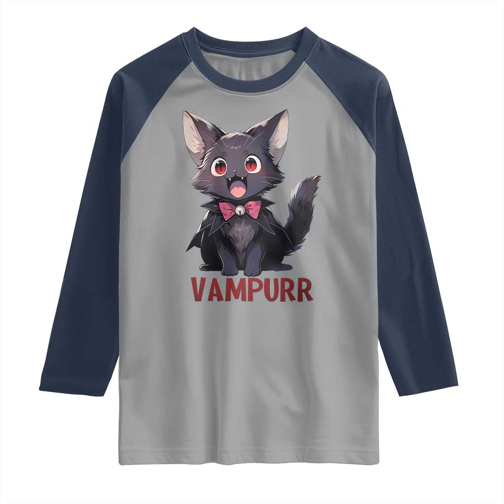 Halloween Black Vampire Cat Raglan Shirt Vampurr Cute Kitty Lover - Wonder Print Shop