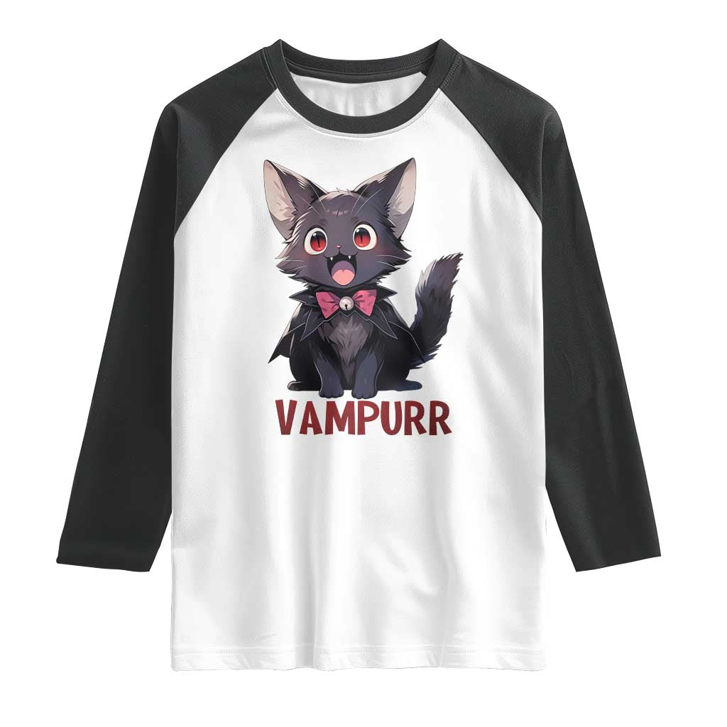 Halloween Black Vampire Cat Raglan Shirt Vampurr Cute Kitty Lover - Wonder Print Shop