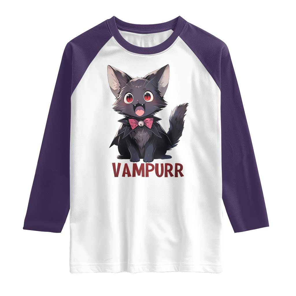 Halloween Black Vampire Cat Raglan Shirt Vampurr Cute Kitty Lover - Wonder Print Shop