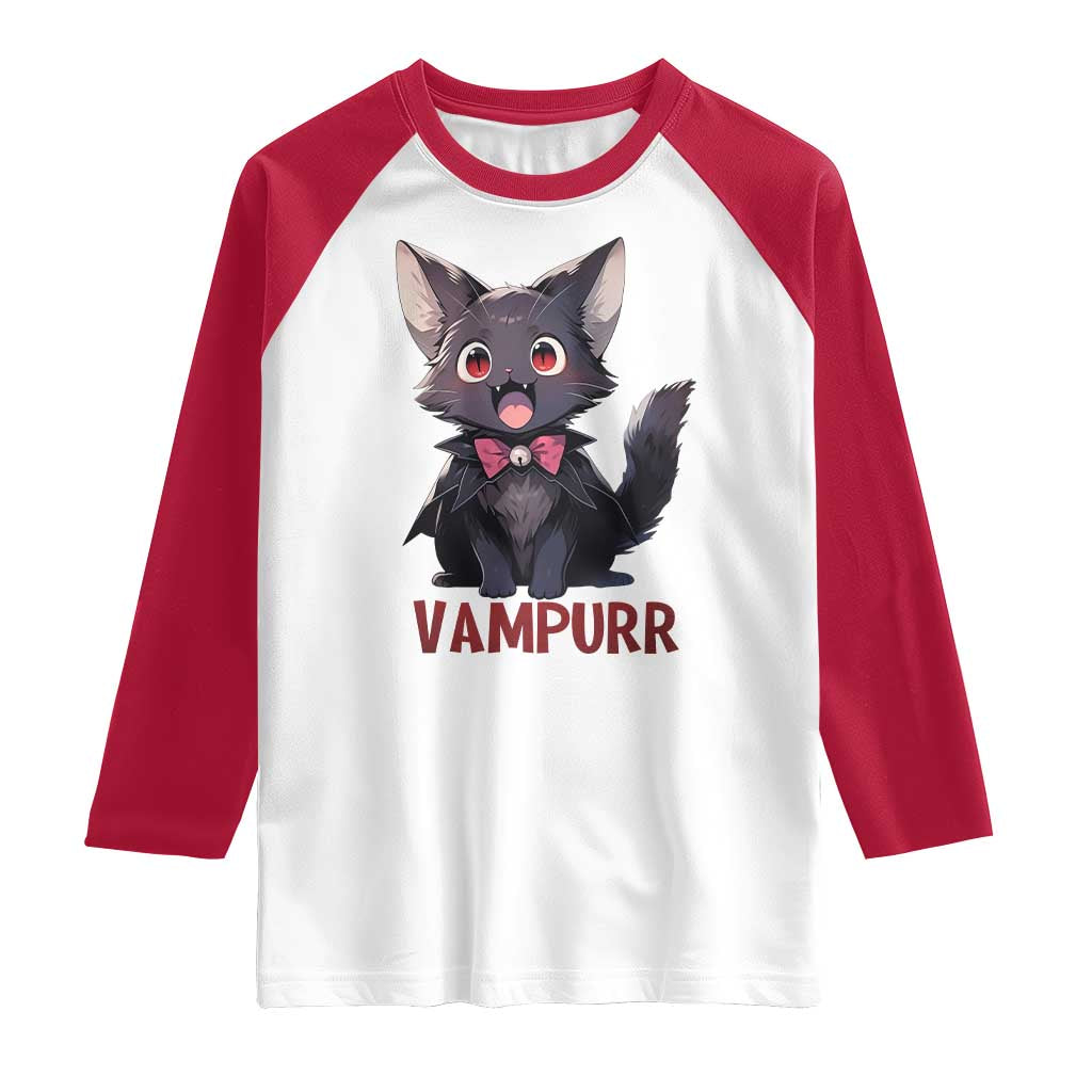 Halloween Black Vampire Cat Raglan Shirt Vampurr Cute Kitty Lover - Wonder Print Shop