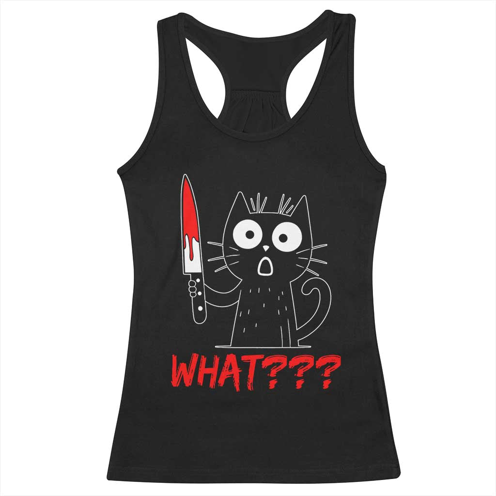 Black Cat Halloween Racerback Tank Top What Killer Kitten With Knife - Wonder Print Shop