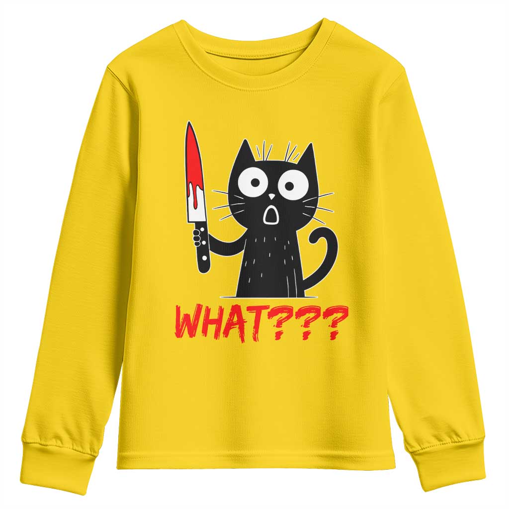Black Cat Halloween Youth Sweatshirt What Killer Kitten With Knife - Wonder Print Shop