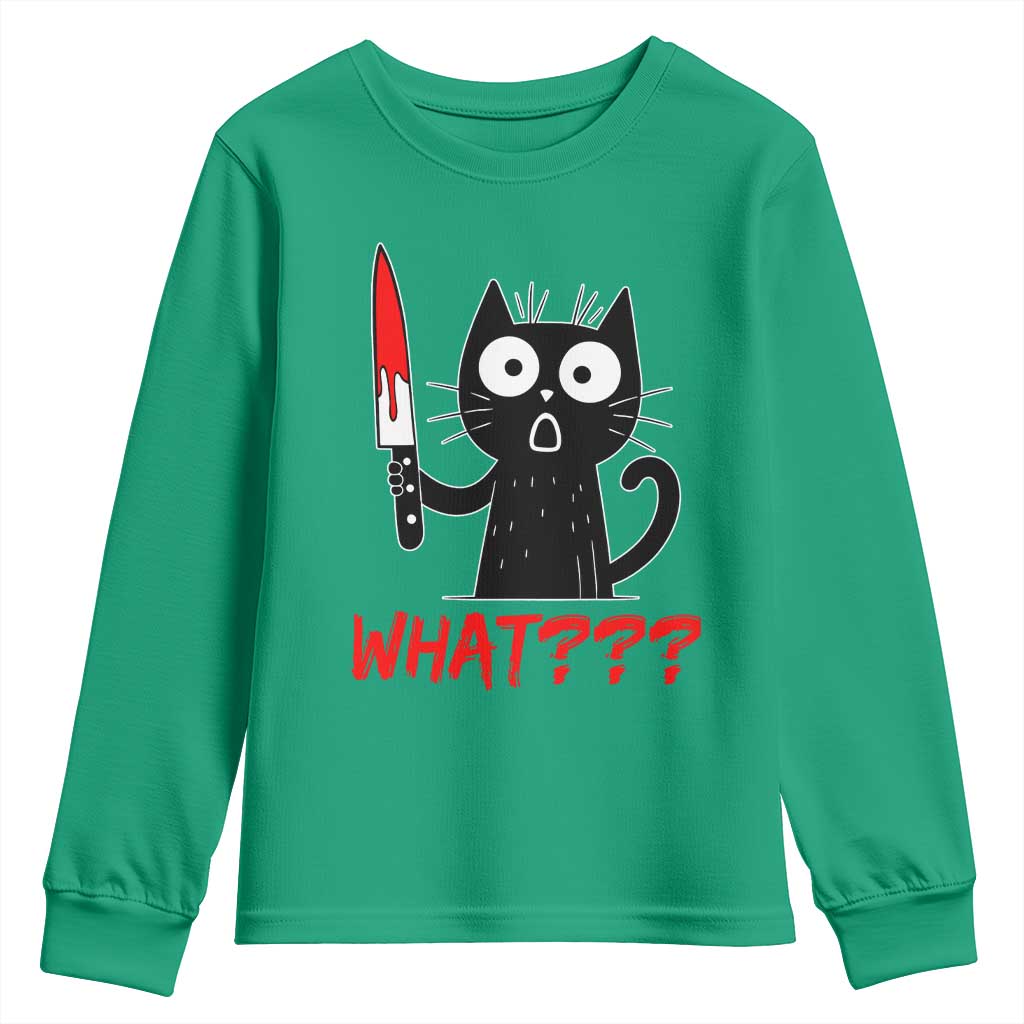 Black Cat Halloween Youth Sweatshirt What Killer Kitten With Knife - Wonder Print Shop