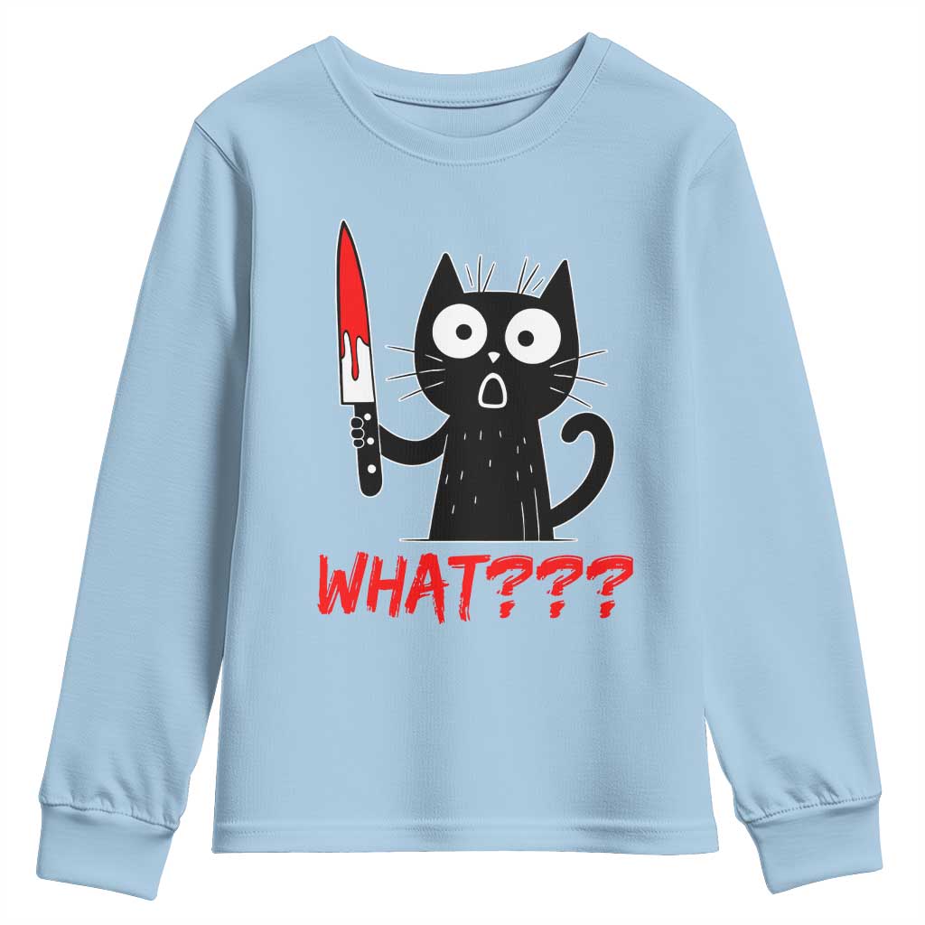 Black Cat Halloween Youth Sweatshirt What Killer Kitten With Knife - Wonder Print Shop