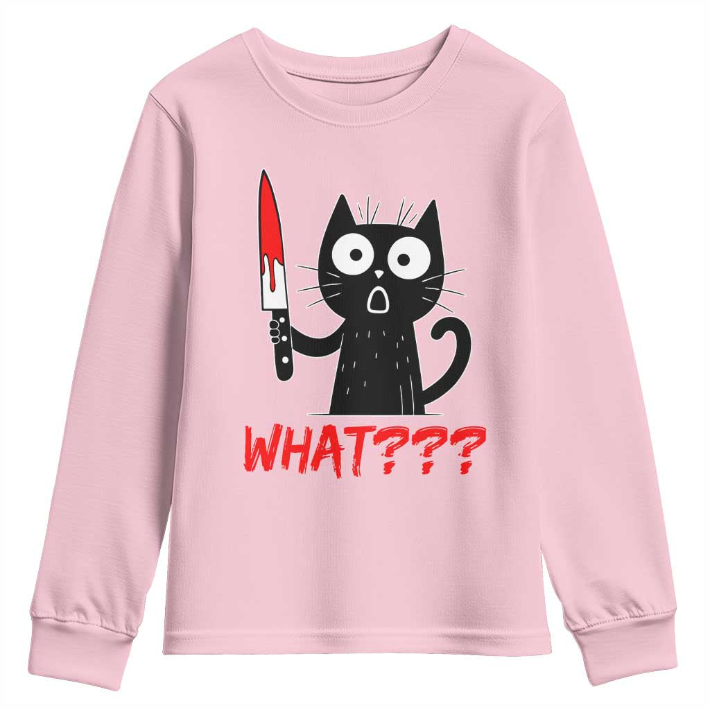 Black Cat Halloween Youth Sweatshirt What Killer Kitten With Knife - Wonder Print Shop