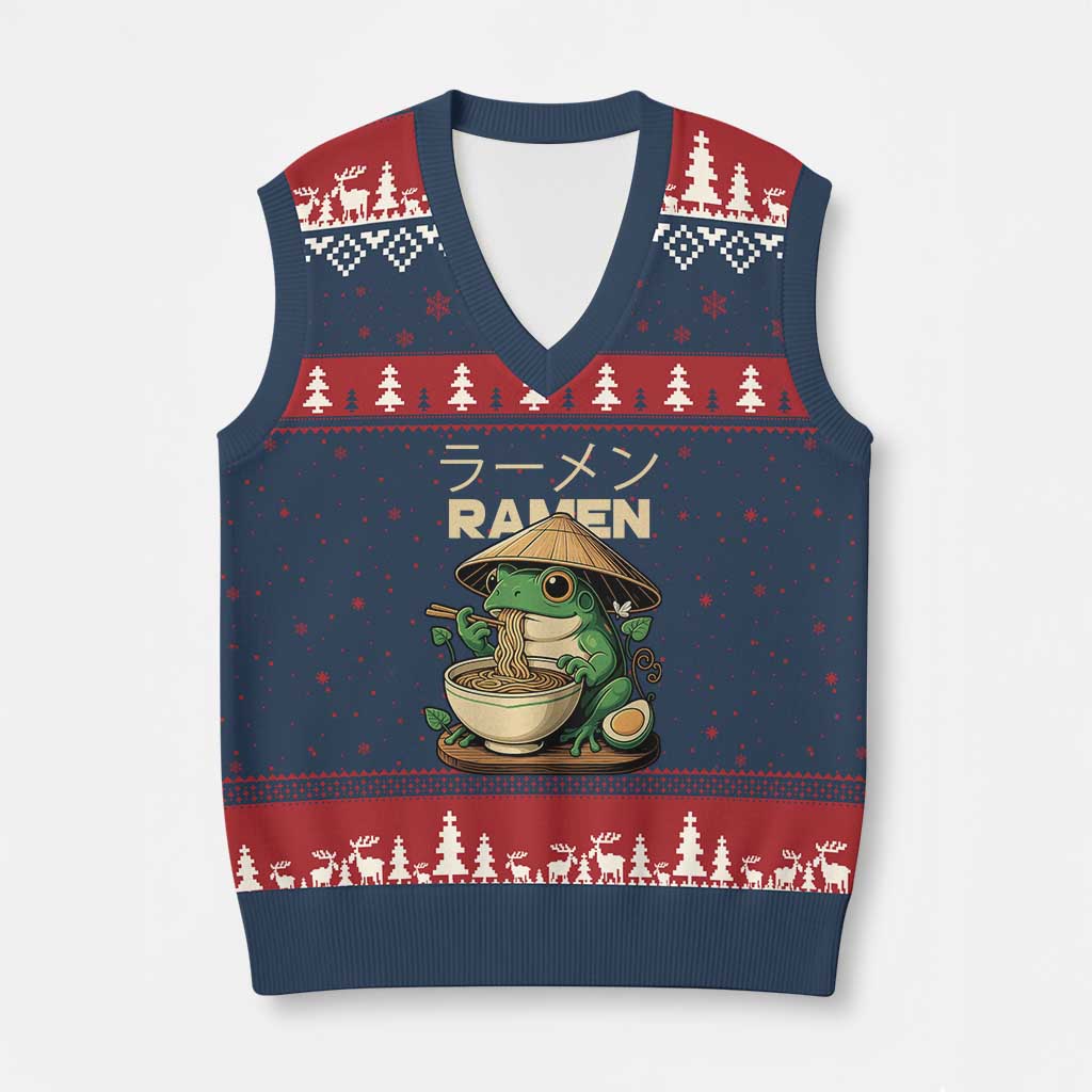 Frog Eating Ramen V-Neck Knit Sweater Vest Funny Japanese Food Lover Anime - Wonder Print Shop