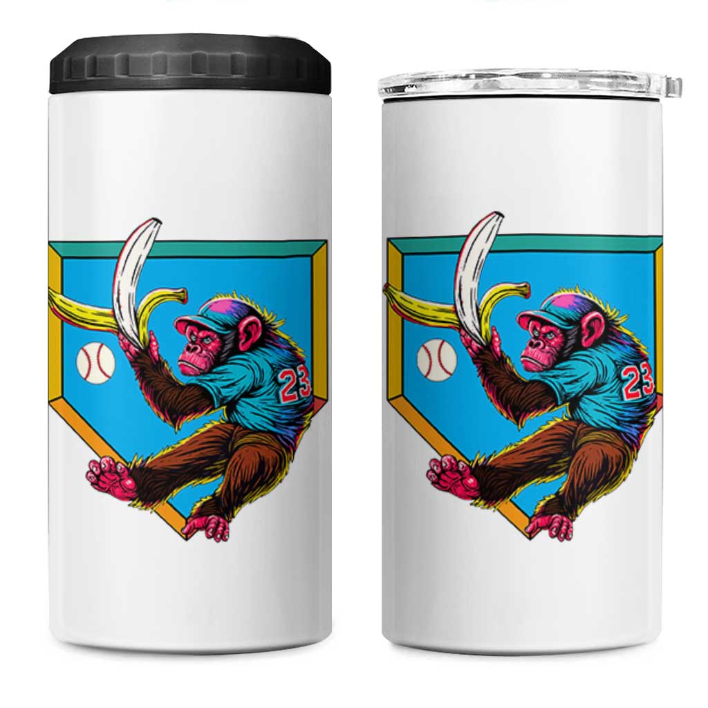 Funny Monkey Playing Baseball With Banana 4 in 1 Can Cooler Tumbler Sport Humor Gift