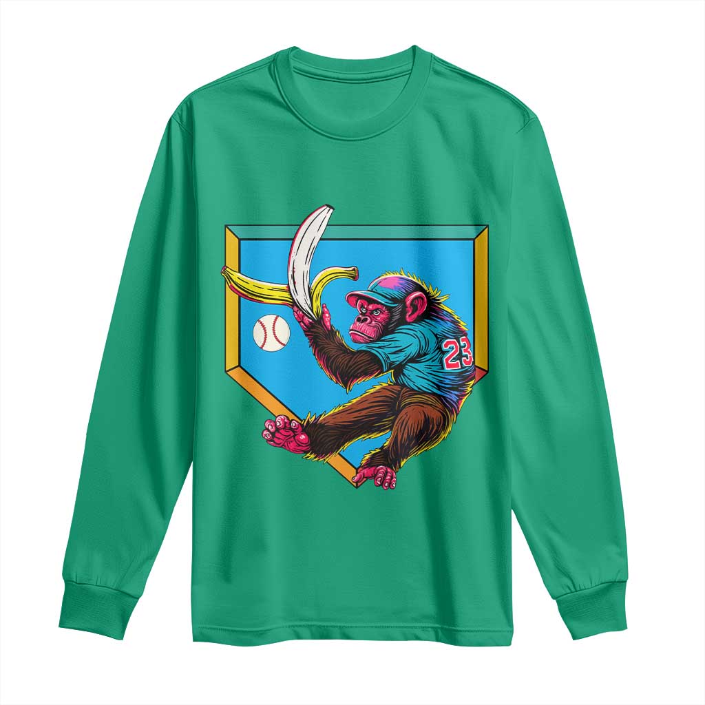 Funny Monkey Playing Baseball With Banana Long Sleeve Shirt Sport Humor Gift - Wonder Print Shop
