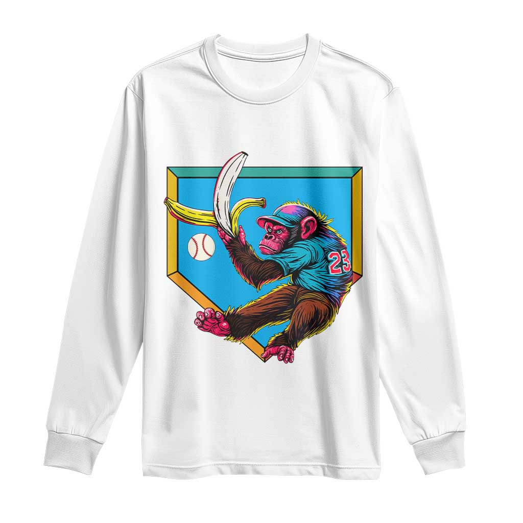 Funny Monkey Playing Baseball With Banana Long Sleeve Shirt Sport Humor Gift - Wonder Print Shop