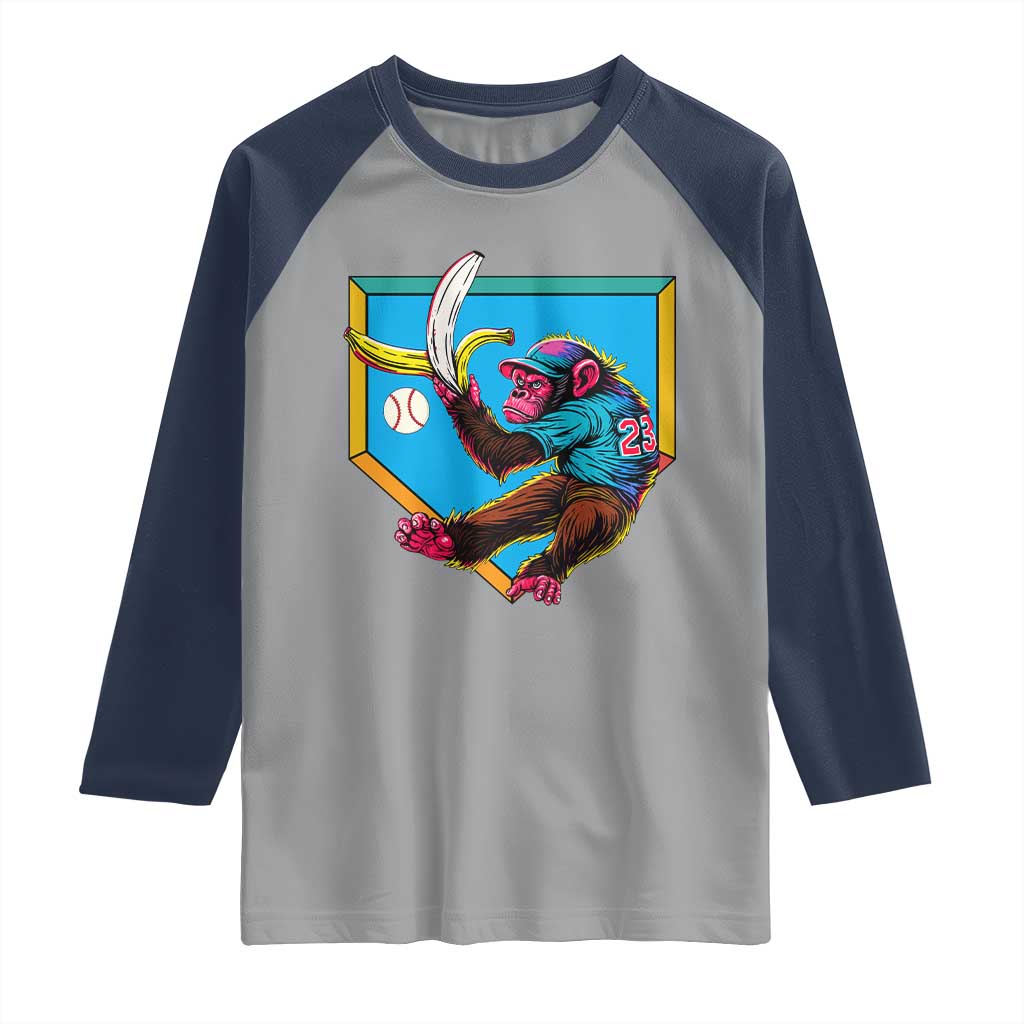 Funny Monkey Playing Baseball With Banana Raglan Shirt Sport Humor Gift - Wonder Print Shop