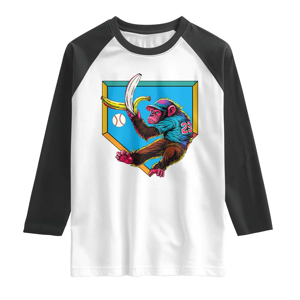 Funny Monkey Playing Baseball With Banana Raglan Shirt Sport Humor Gift - Wonder Print Shop