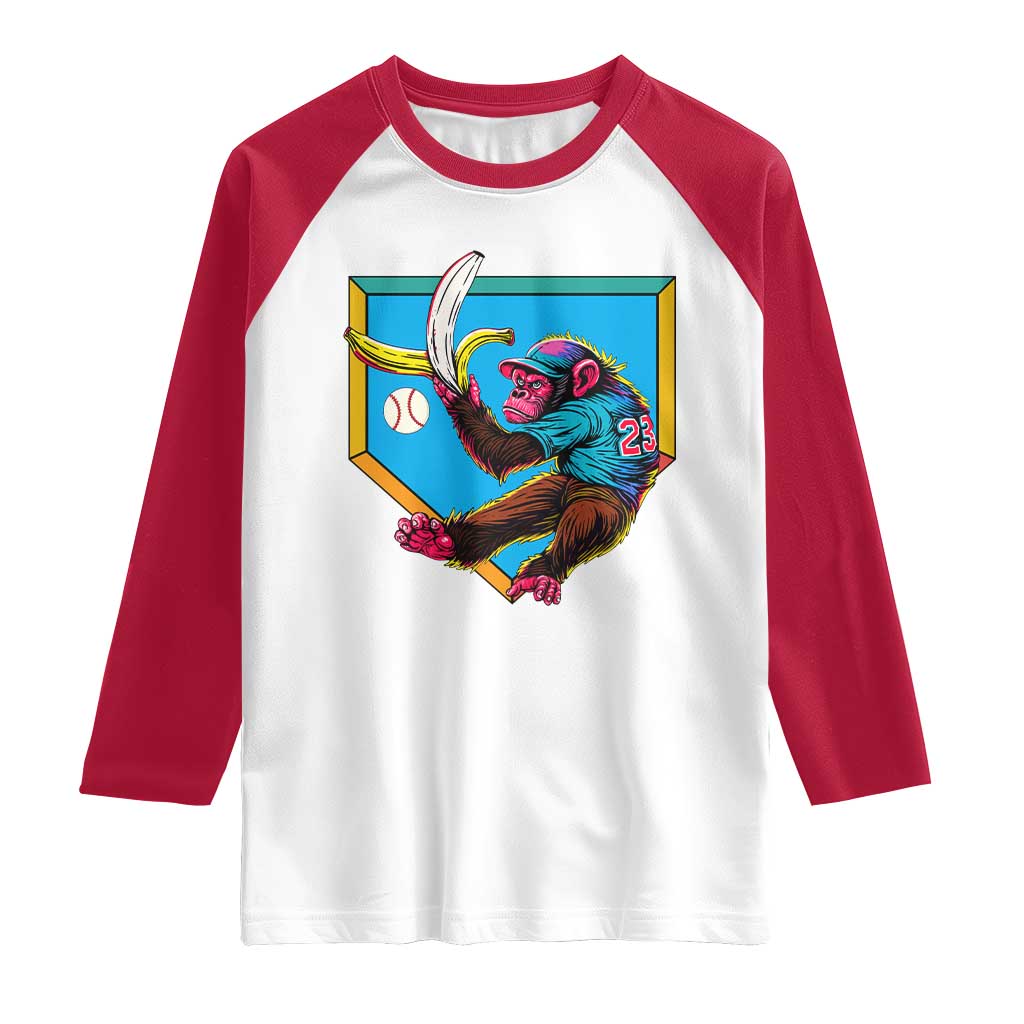 Funny Monkey Playing Baseball With Banana Raglan Shirt Sport Humor Gift - Wonder Print Shop