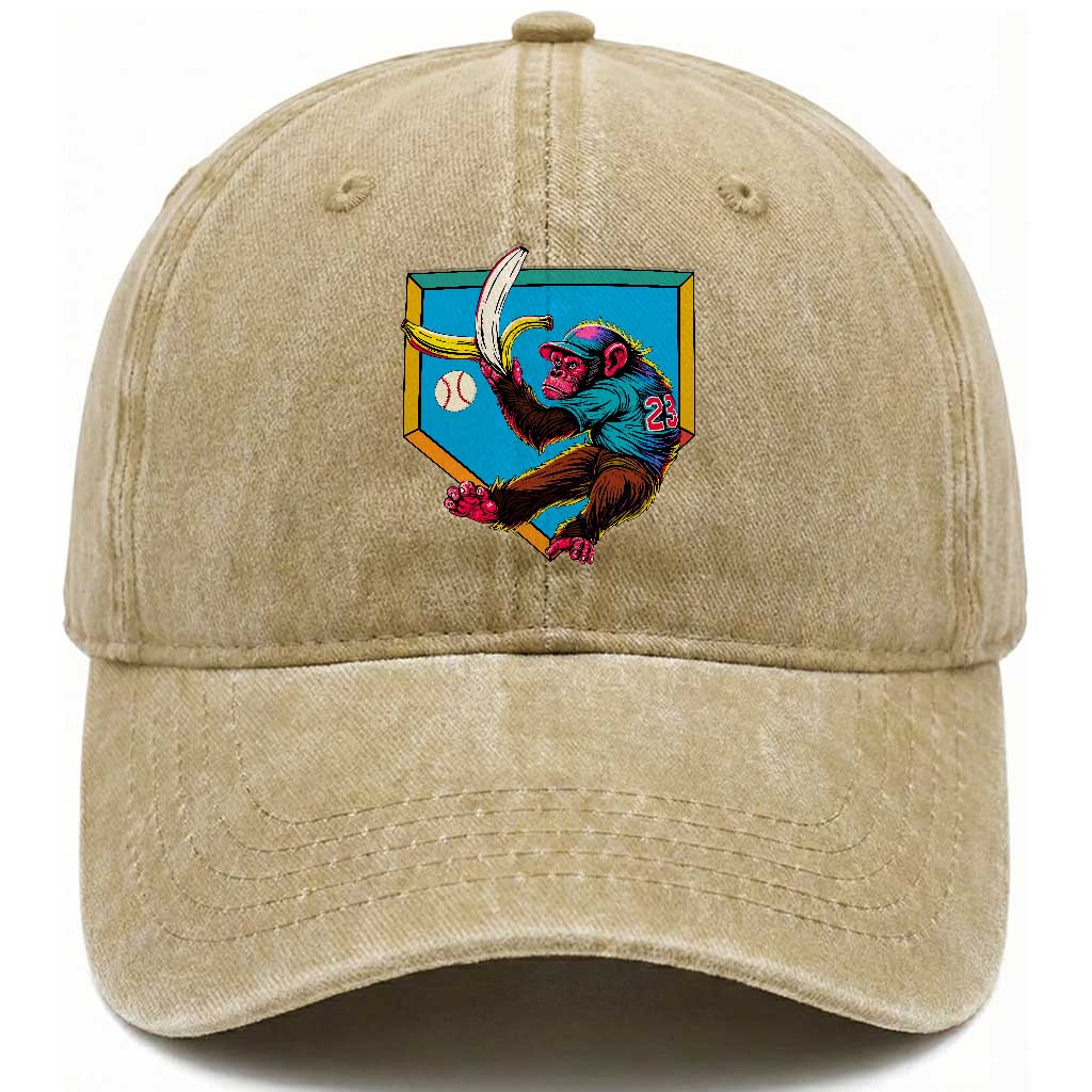 Funny Monkey Playing Baseball With Banana Washed Cotton Baseball Cap Sport Humor Gift
