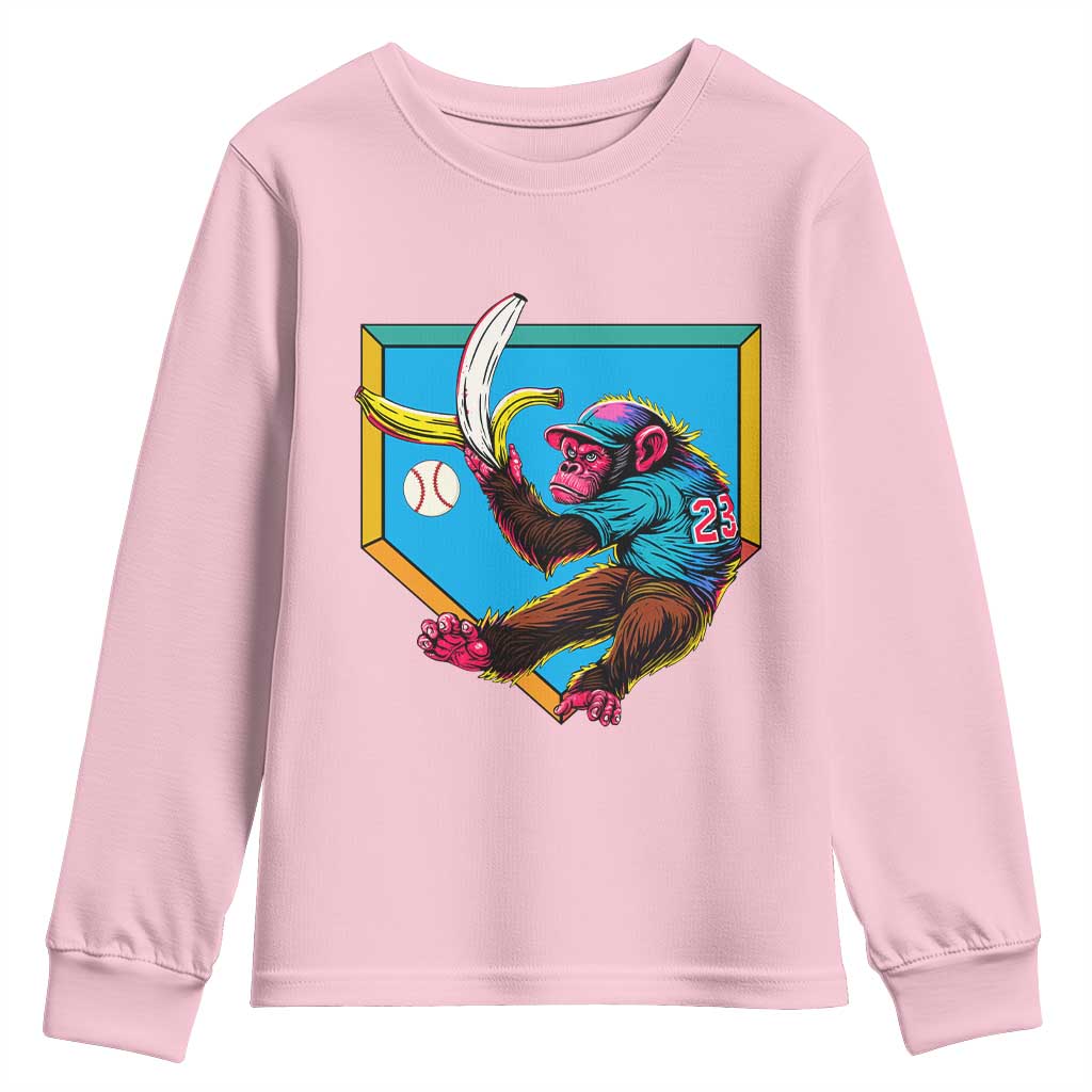 Funny Monkey Playing Baseball With Banana Youth Sweatshirt Sport Humor Gift - Wonder Print Shop