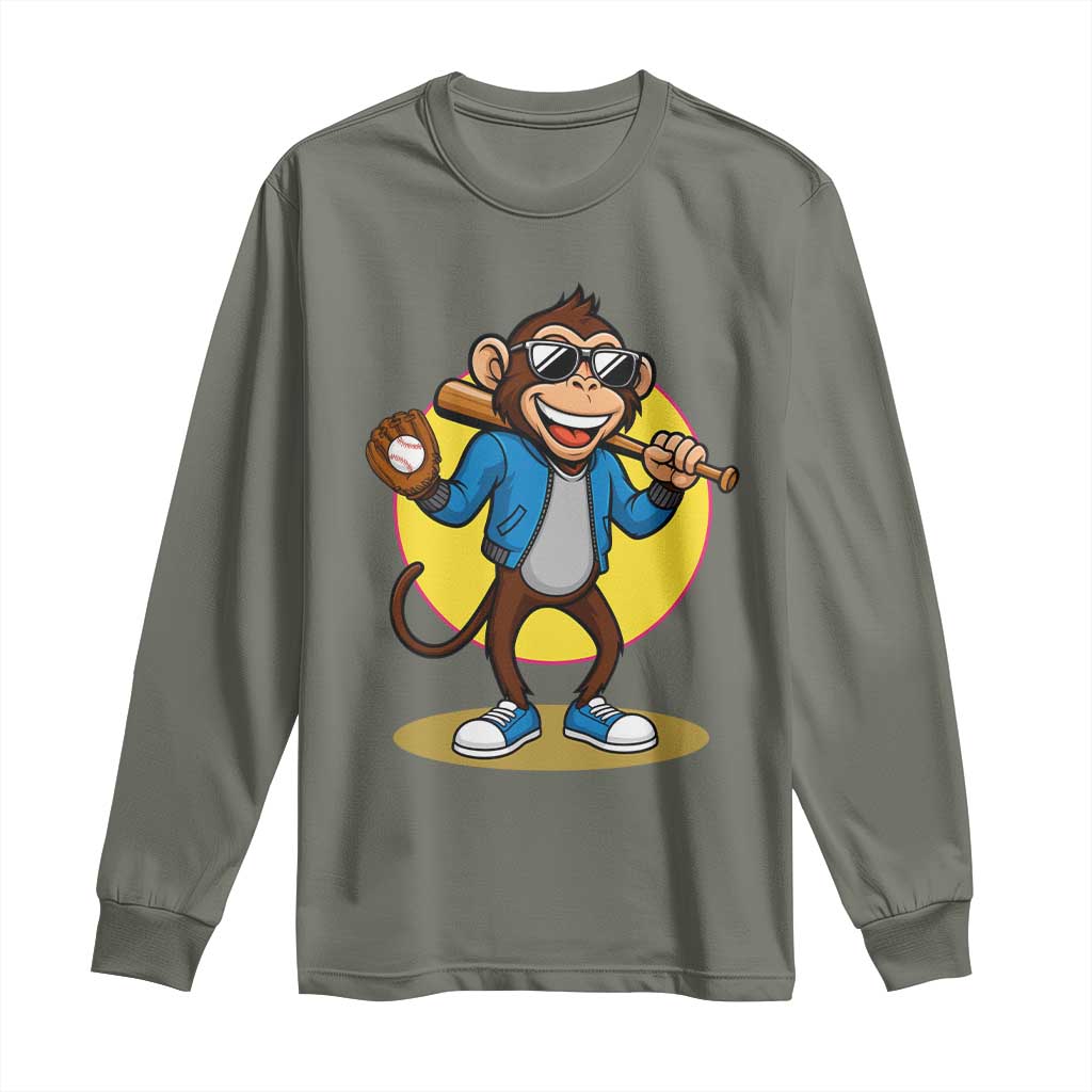 Funny Baseball Long Sleeve Shirt Monkey Playing Baseball Sport Humor Gift - Wonder Print Shop