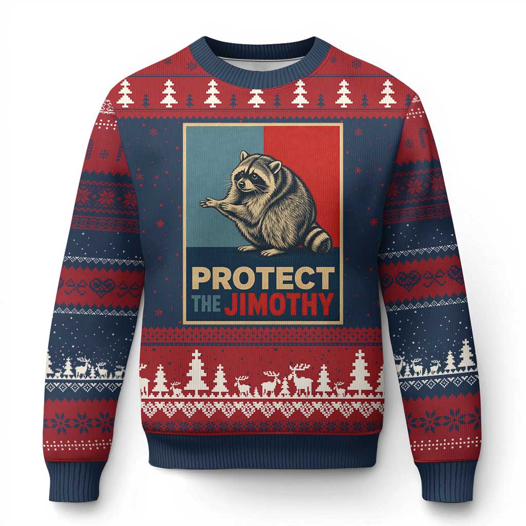 Protect The Jimothy Ugly Christmas Sweater Funny Retro Trash Panda Animal Lover Meme